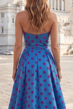 Blue A Line Strapless Bowed Long Polka Dot Dress with Slit