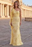 Yellow One Shoulder Mermaid Floral Embroidered Long Prom Dress with Sash