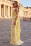 Yellow One Shoulder Mermaid Floral Embroidered Long Prom Dress with Sash