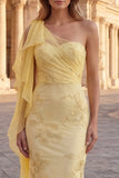 Yellow One Shoulder Mermaid Floral Embroidered Long Prom Dress with Sash