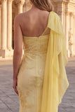 Yellow One Shoulder Mermaid Floral Embroidered Long Prom Dress with Sash