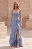 Dusty Blue A Line Maxi Floral Dress with Ruffled Slit
