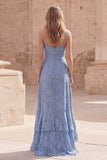 Dusty Blue A Line Maxi Floral Dress with Ruffled Slit