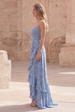 Dusty Blue A Line Maxi Floral Dress with Ruffled Slit