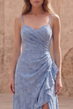Dusty Blue A Line Maxi Floral Dress with Ruffled Slit