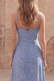 Dusty Blue A Line Maxi Floral Dress with Ruffled Slit
