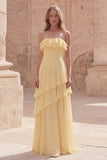 Strapless Yellow A Line Ruffled Long Wedding Guest Dress