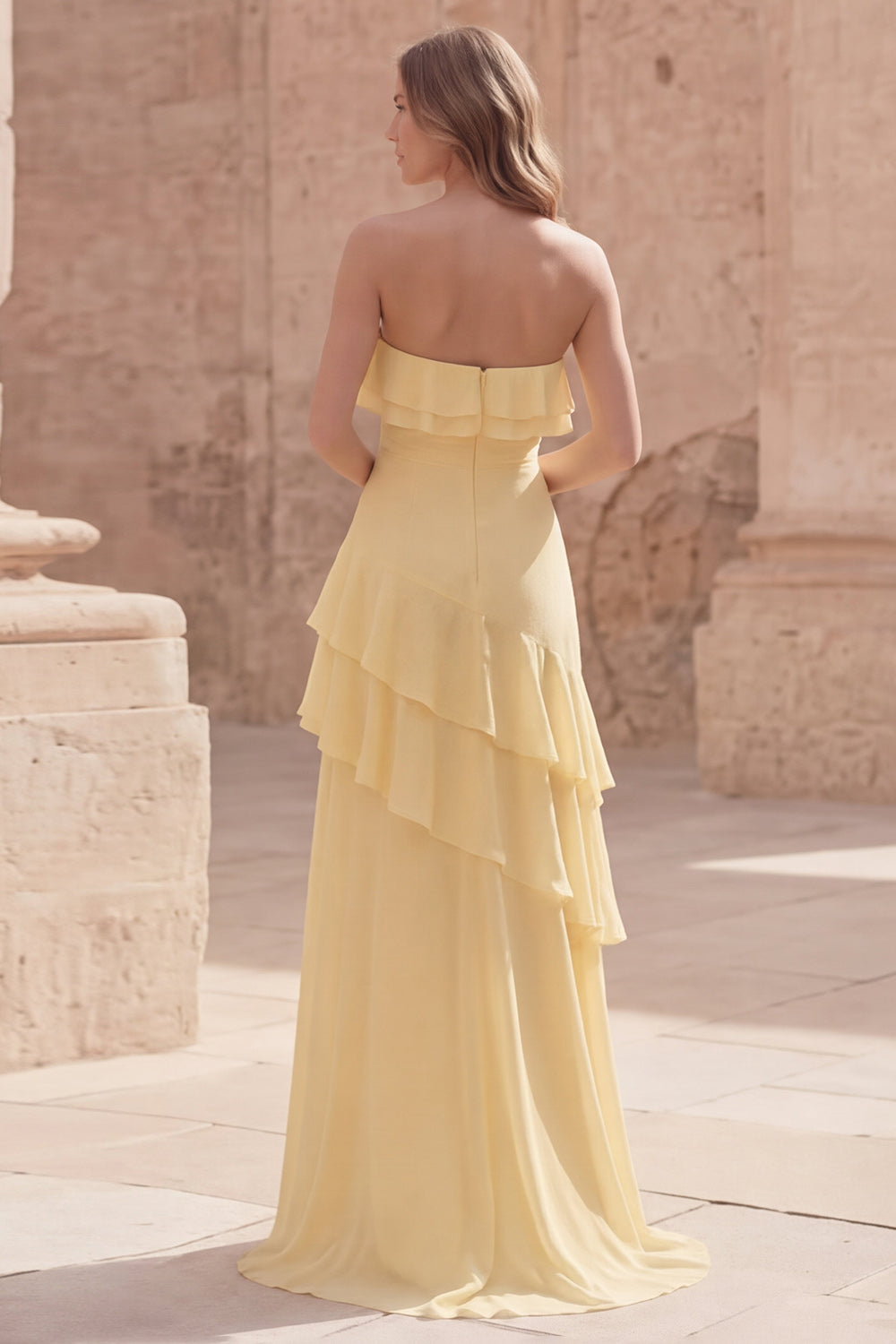 Zapaka Women Strapless Wedding Guest Dress Yellow A Line Ruffled Long Tiered Prom Dress, Yellow / US4