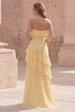 Strapless Yellow A Line Ruffled Long Wedding Guest Dress