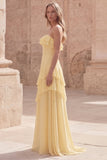 Strapless Yellow A Line Ruffled Long Wedding Guest Dress