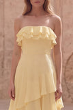 Strapless Yellow A Line Ruffled Long Wedding Guest Dress