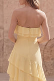 Strapless Yellow A Line Ruffled Long Wedding Guest Dress