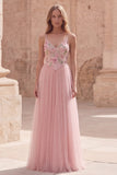 Pink Floral A Line Spaghetti Straps Sequin Long Prom Dress