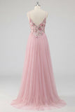 Pink Floral A Line Spaghetti Straps Sequin Long Prom Dress