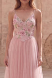 Pink Floral A Line Spaghetti Straps Sequin Long Prom Dress