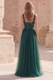 Dark Green A Line Spaghetti Straps Sequin Long Prom Dress