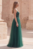 Dark Green A Line Spaghetti Straps Sequin Long Prom Dress