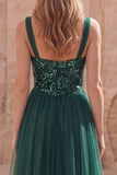 Dark Green A Line Spaghetti Straps Sequin Long Prom Dress