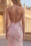 Sparkly Mermaid Pink Floral Halter Neck Backless Long Prom Dress with Slit