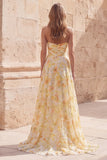 Strapless Yellow Floral A Line Ruched Long Prom Dress with Slit