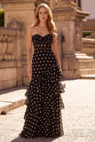 Black Polka Dots Sheath Sweetheart Corset Ruffled Tiered Long Prom Dress