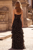Black Polka Dots Sheath Sweetheart Corset Ruffled Tiered Long Prom Dress
