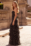 Black Polka Dots Sheath Sweetheart Corset Ruffled Tiered Long Prom Dress