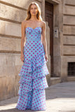 Black Polka Dots Sheath Sweetheart Corset Ruffled Tiered Long Prom Dress