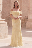 Yellow Mermaid Off the Shoulder Long Prom Dress with Floral Embroidery