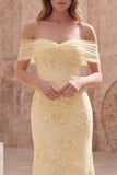 Yellow Mermaid Off the Shoulder Long Prom Dress with Floral Embroidery