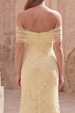 Yellow Mermaid Off the Shoulder Long Prom Dress with Floral Embroidery