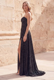 Sparkly Black Sweetheart A-Line Ruched Beaded Long Prom Dress with  Slit