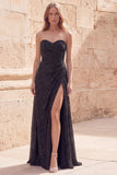Sparkly Black Sweetheart A-Line Ruched Beaded Long Prom Dress with  Slit