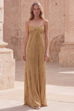 Gold Sheath Spaghetti Straps Sleeveless Ruched Long Prom Dress