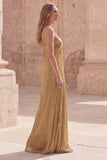 Gold Sheath Spaghetti Straps Sleeveless Ruched Long Prom Dress