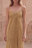 Gold Sheath Spaghetti Straps Sleeveless Ruched Long Prom Dress