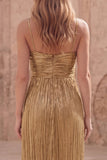 Gold Sheath Spaghetti Straps Sleeveless Ruched Long Prom Dress