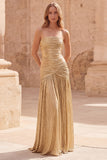 Gold A-Line Strapless Ruched Sleeveless Long Prom Dress