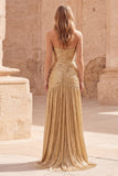 Gold A-Line Strapless Ruched Sleeveless Long Prom Dress