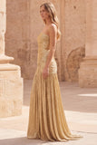 Gold A-Line Strapless Ruched Sleeveless Long Prom Dress