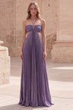 Purple A-Line Halter Ruched Hollow Out Long Prom Dress