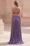 Purple A-Line Halter Ruched Hollow Out Long Prom Dress