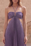 Purple A-Line Halter Ruched Hollow Out Long Prom Dress