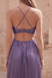 Purple A-Line Halter Ruched Hollow Out Long Prom Dress