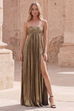 Dark Gold A-Line Sweetheart Ruched Sleeveless Long Prom Dress with Slit