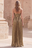 Dark Gold A-Line Sweetheart Ruched Sleeveless Long Prom Dress with Slit