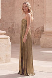 Dark Gold A-Line Sweetheart Ruched Sleeveless Long Prom Dress with Slit