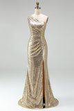 Sparkly Gold Mermaid One Shoulder Ruched Long Formal Dress with Slit