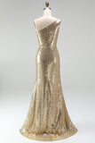 Sparkly Gold Mermaid One Shoulder Ruched Long Formal Dress with Slit