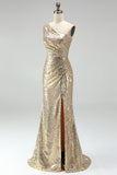 Sparkly Gold Mermaid One Shoulder Ruched Long Formal Dress with Slit